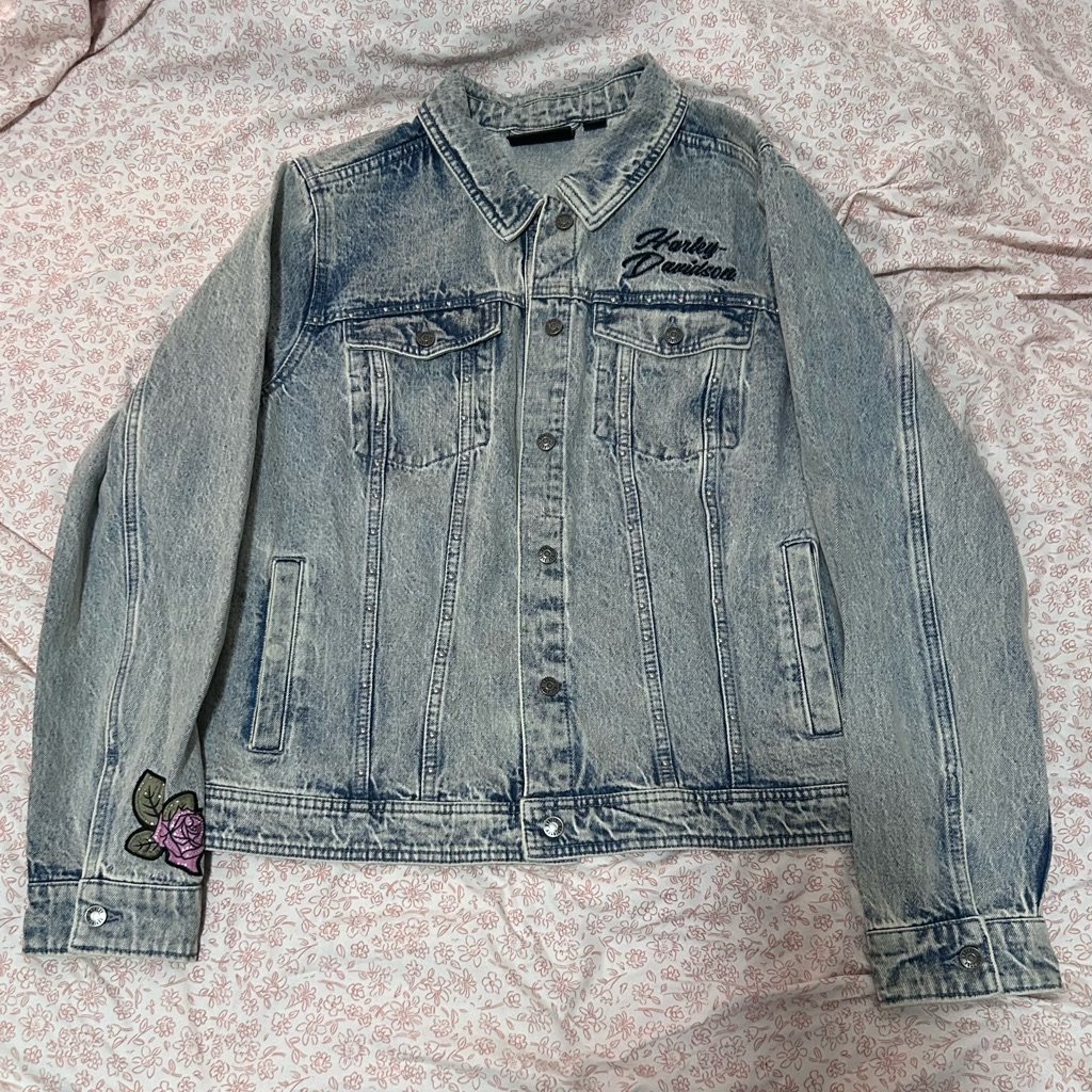 Harley-Davidson Light Blue Denim Jacket With Purple Rose Patch